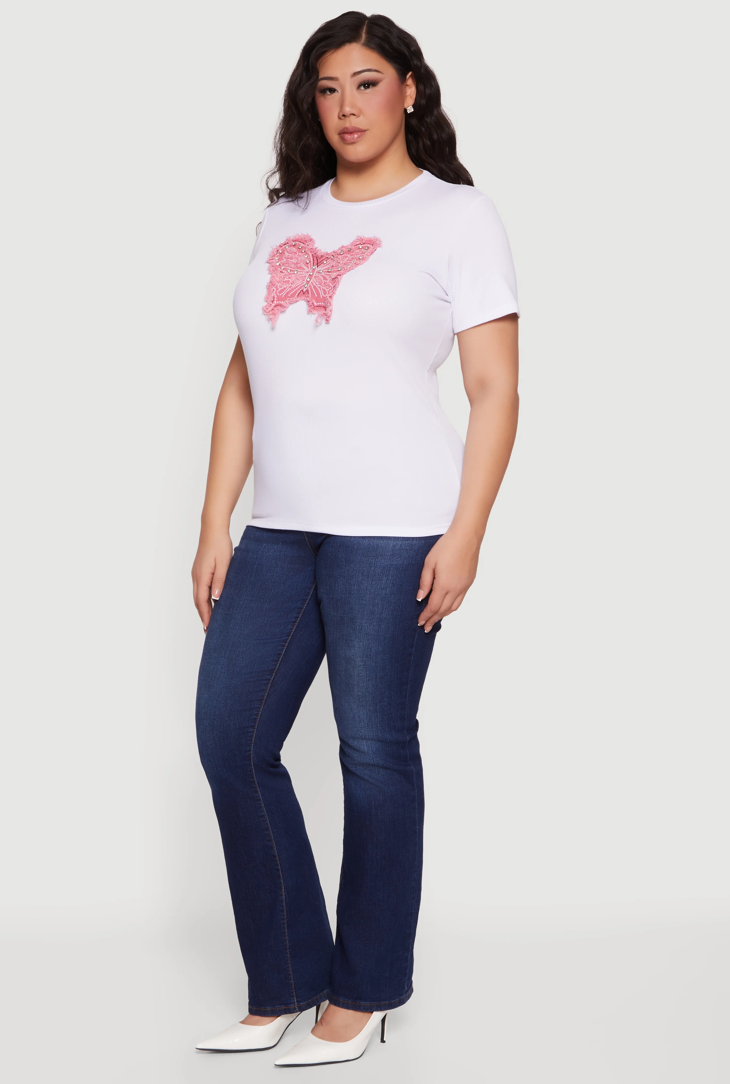 Plus Size Butterfly Rhinestone Denim Patch Tee - Image 3