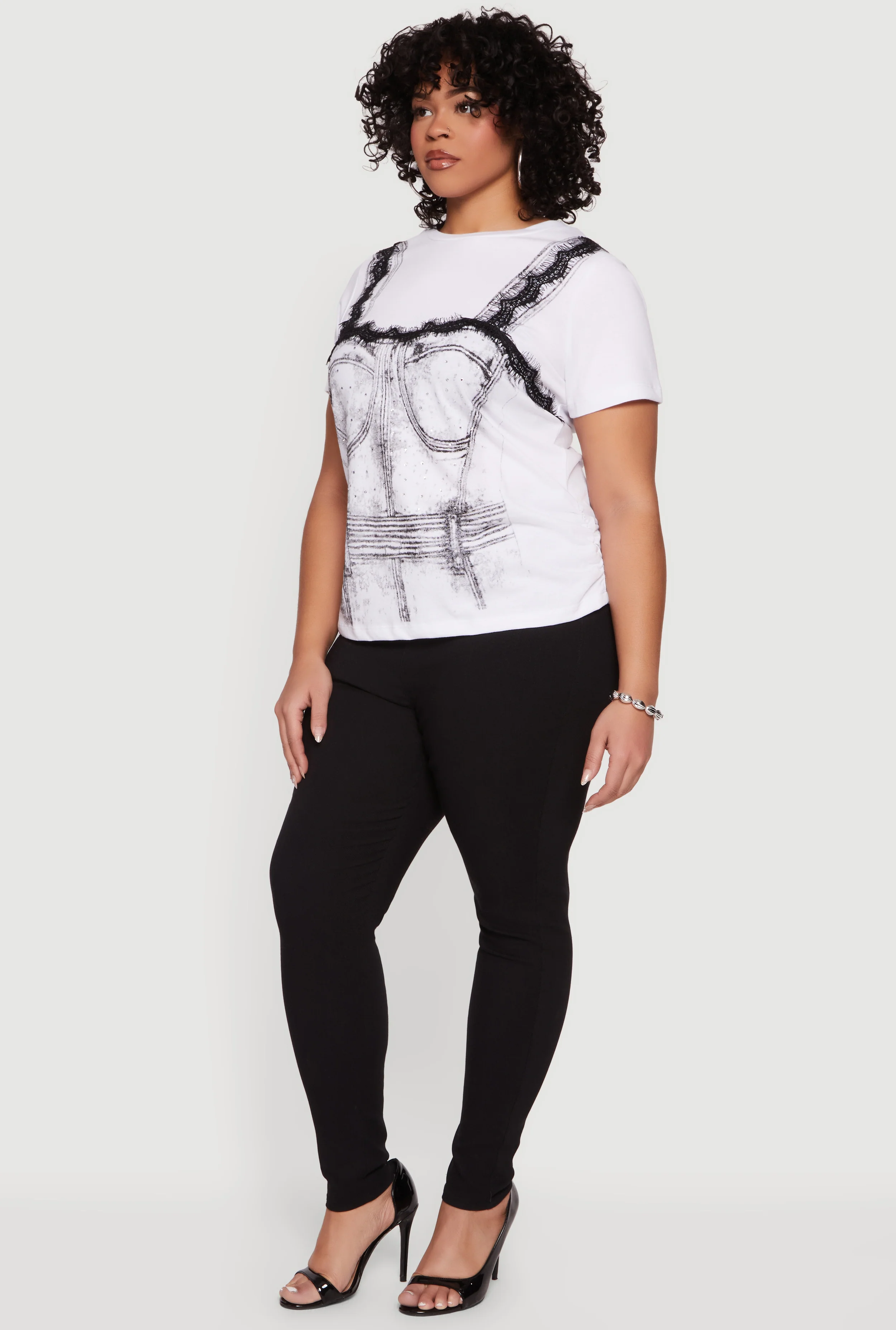 Plus Size Rhinestone Lace Trim Corset Graphic Tee - Image 3