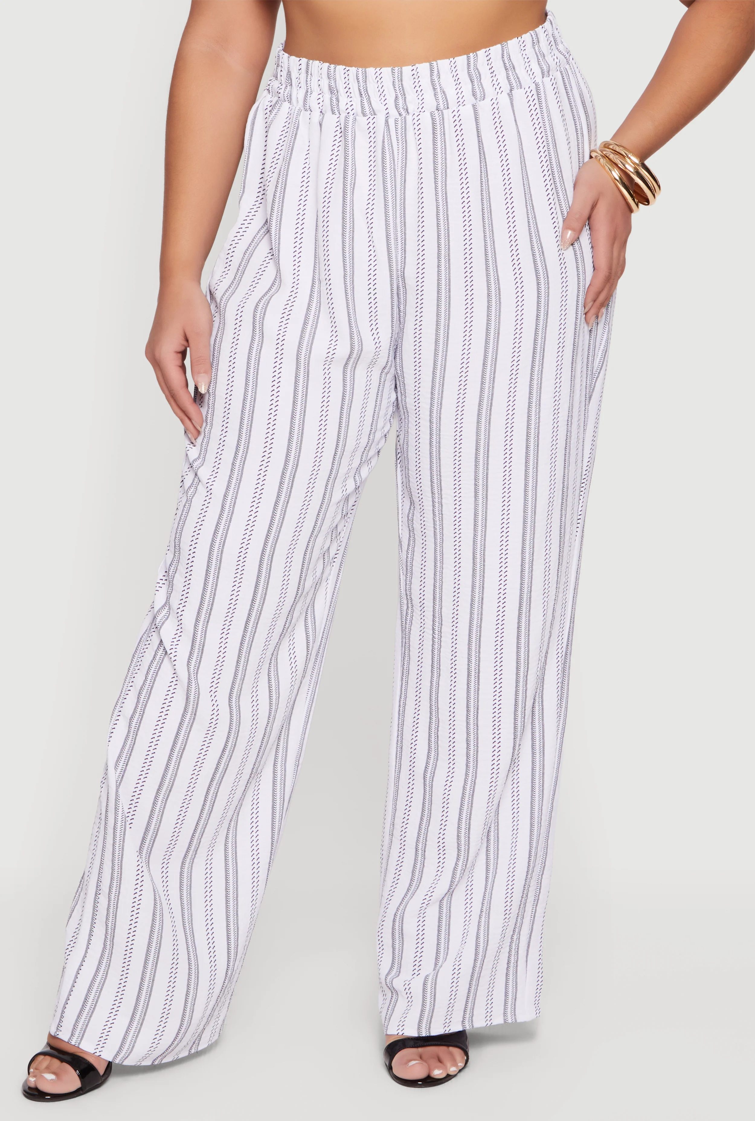 Plus Size Striped Crepe Knit Wide Leg Pull On Pants - Image 3
