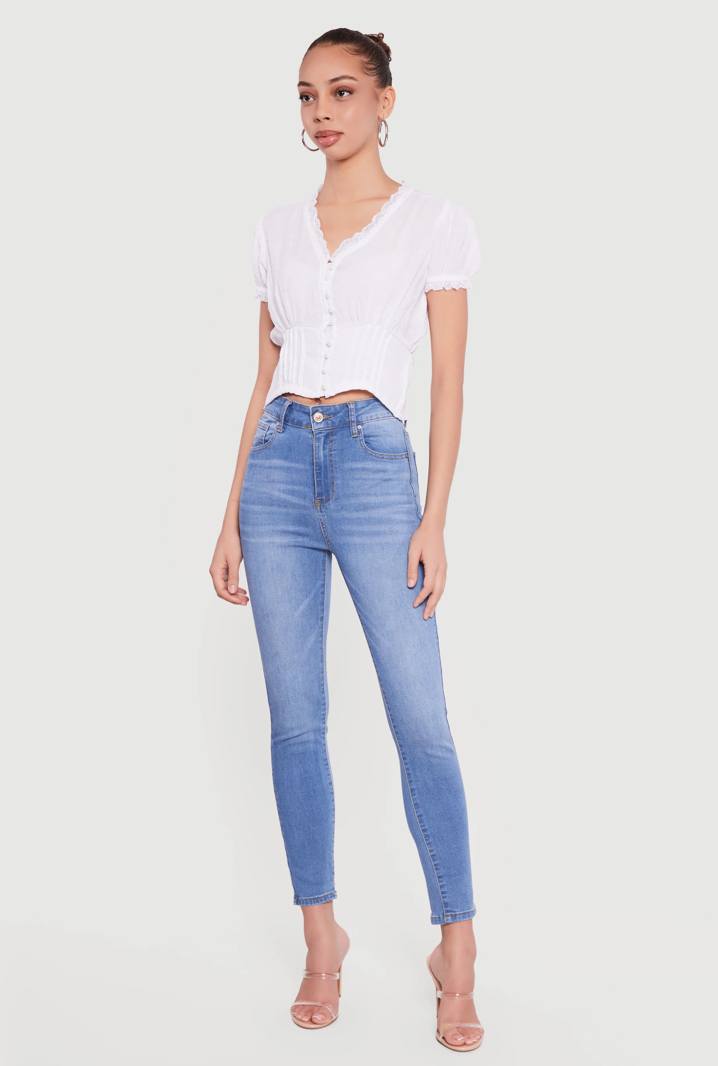 Puff Sleeve Cropped Button Front Blouse - Image 3
