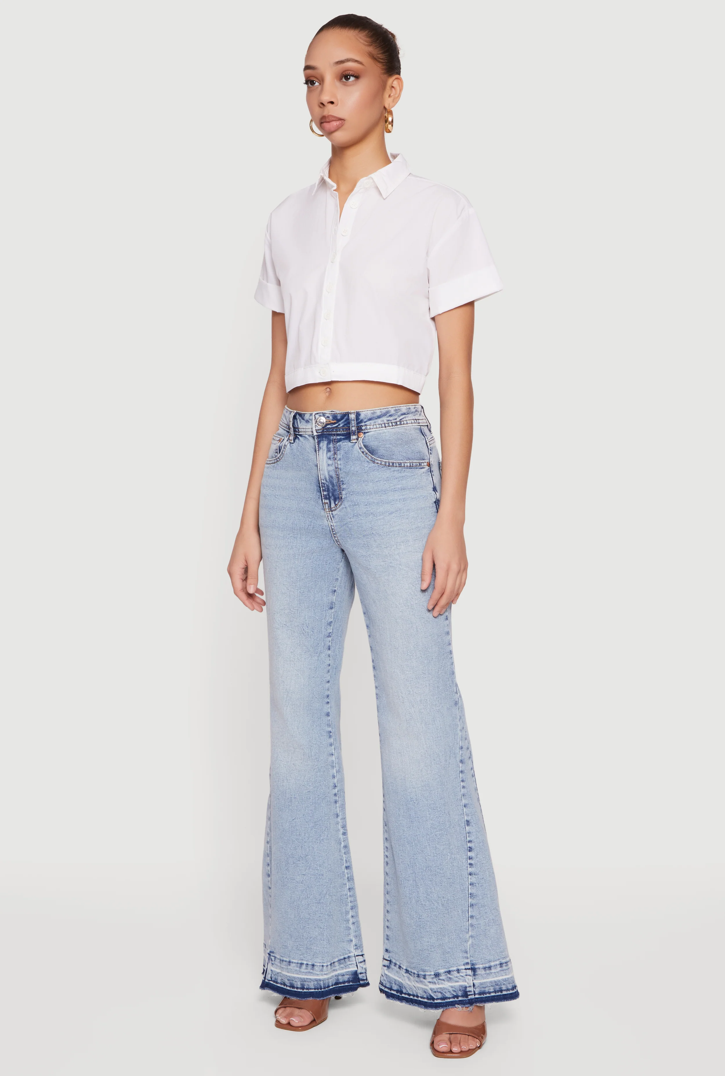 Short Sleeve Button Front Lace Up Cropped Shirt - Image 3