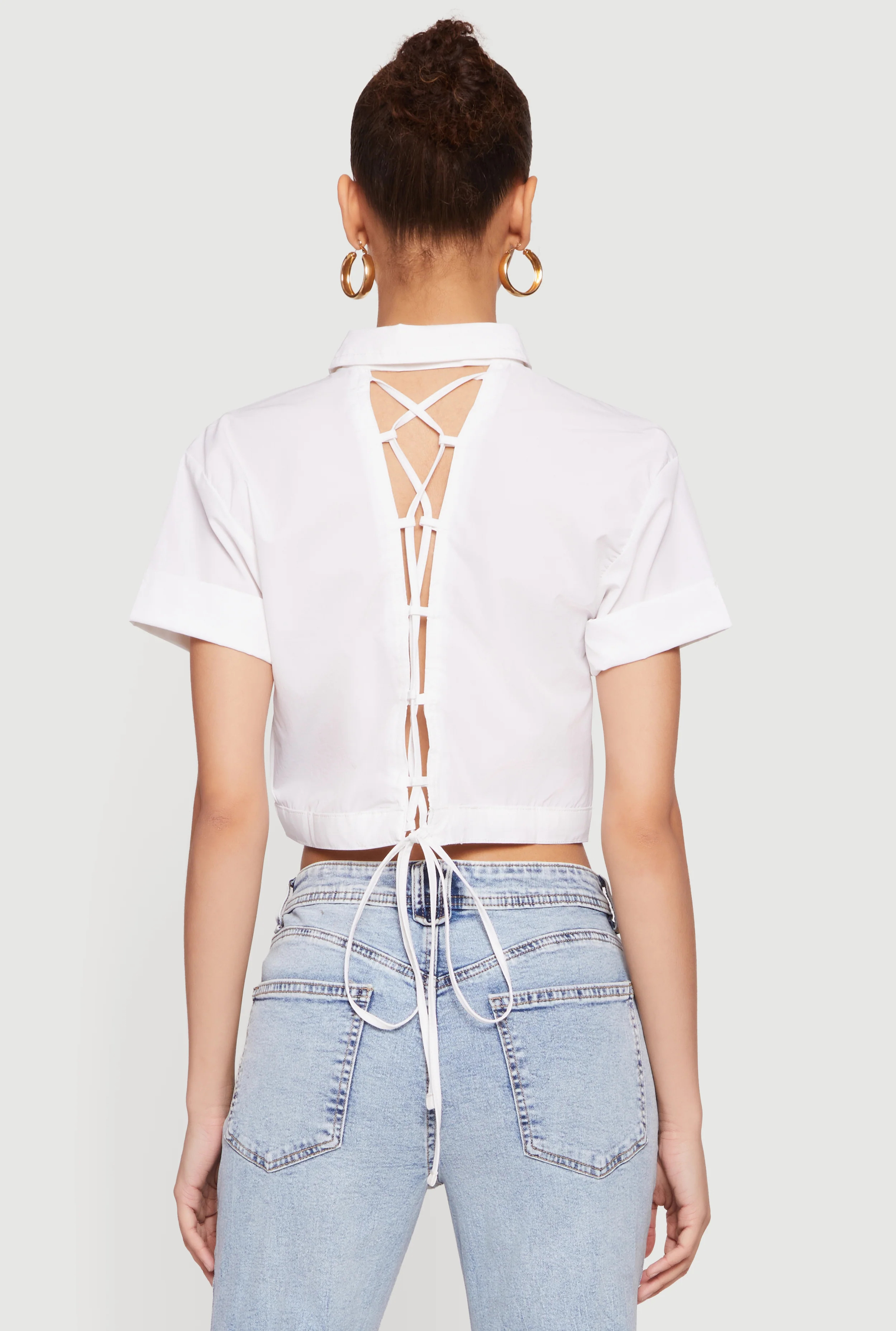 Short Sleeve Button Front Lace Up Cropped Shirt - Image 5