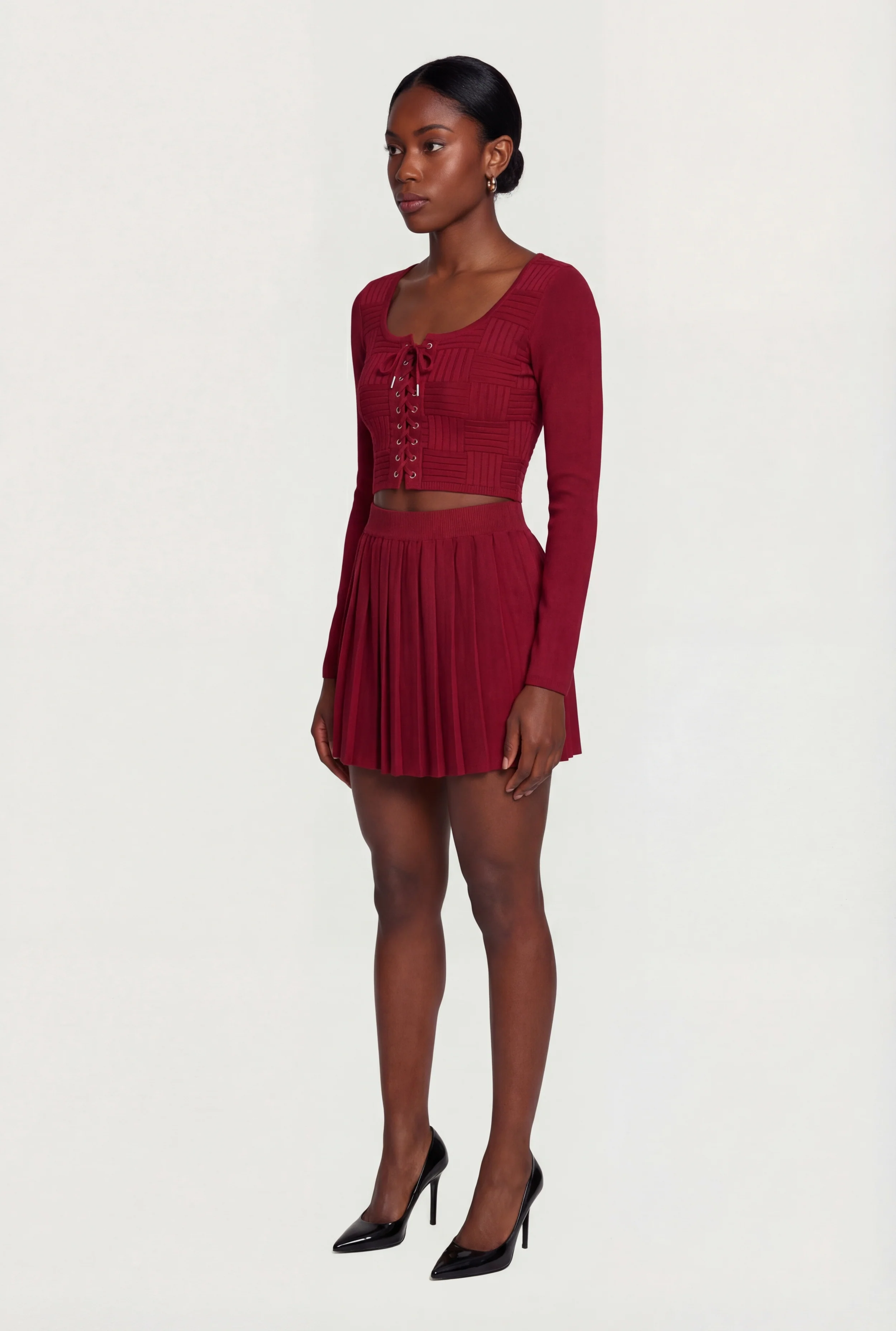 Long Sleeve Scoop Neck Lace Up Front Crop Top - Image 3