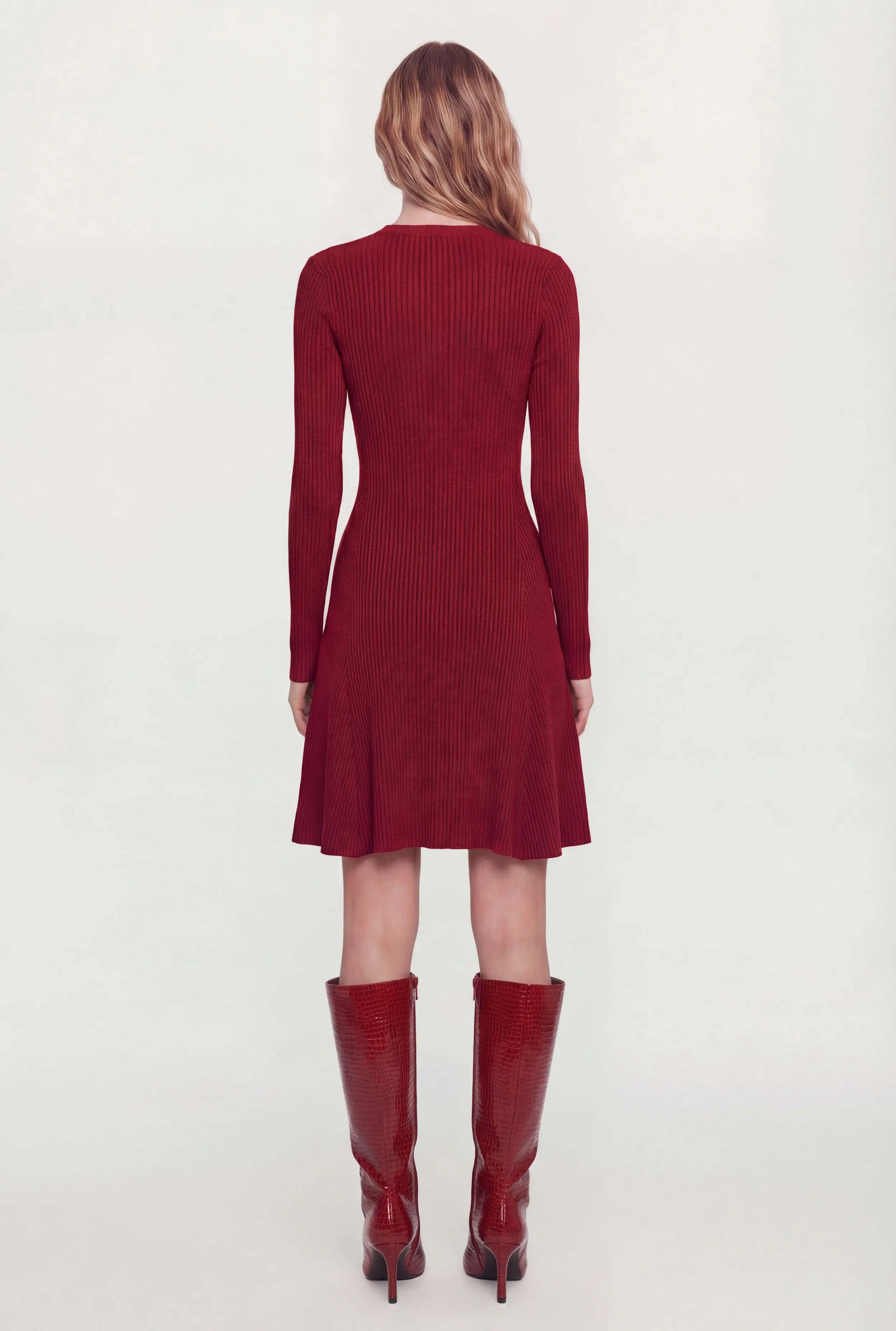 Rib Knit Long Sleeve Crew Neck Mini Sweater Dress - Image 3