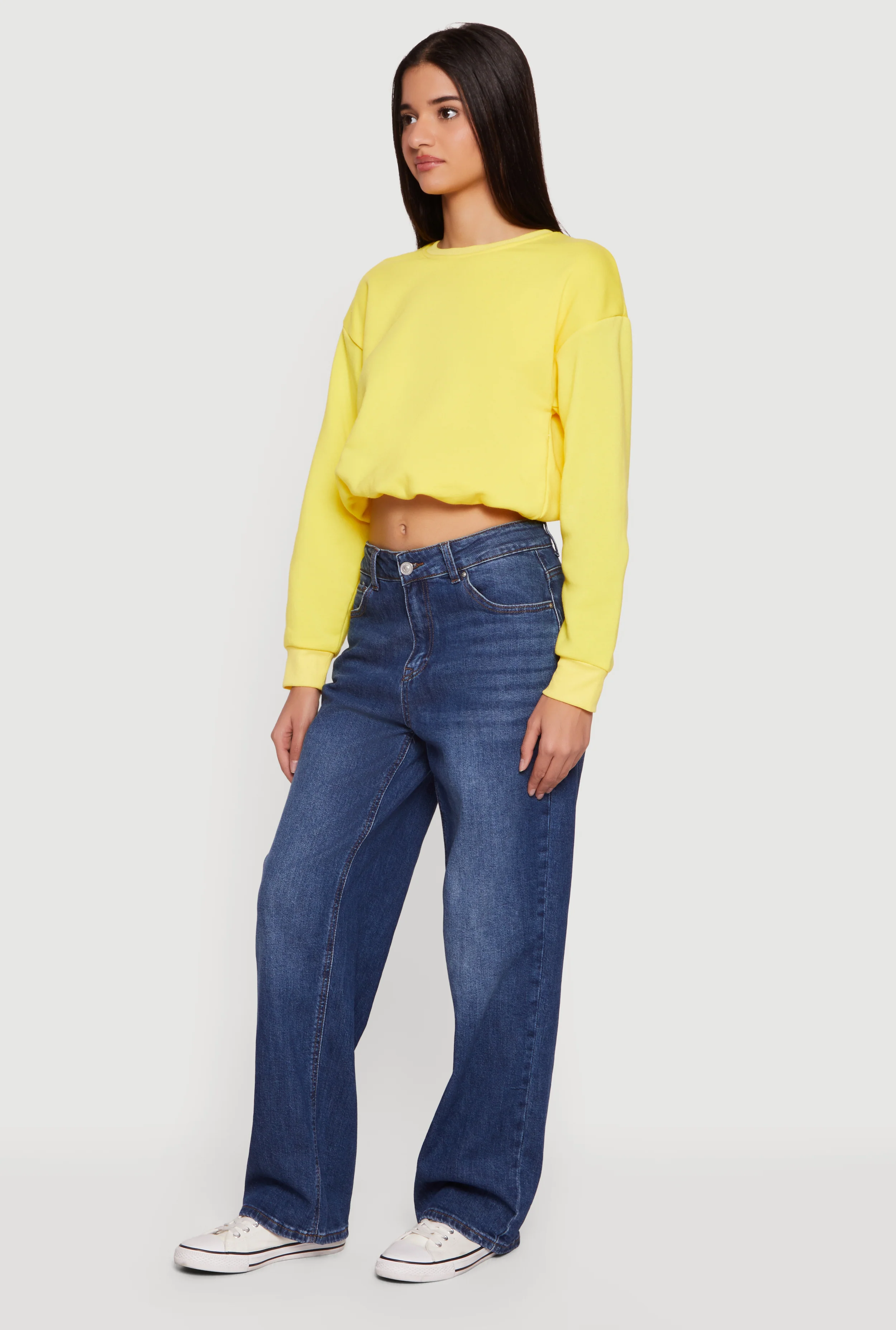 Long Sleeve Crew Neck Bubble Hem Cropped Sweatshirt - Image 3
