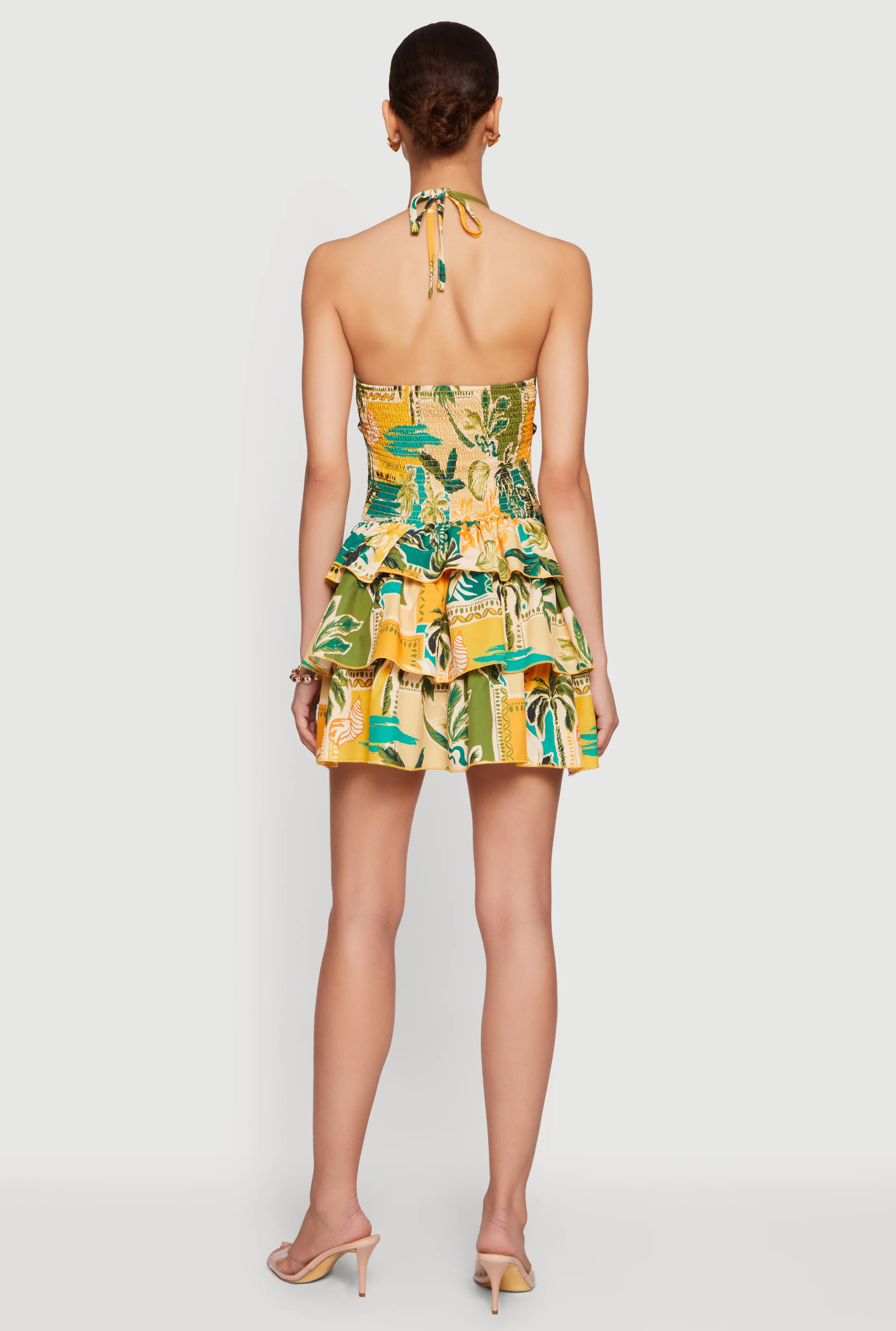 Tropical Border Print Smocked Tiered Ruffle Halter Dress - Image 3