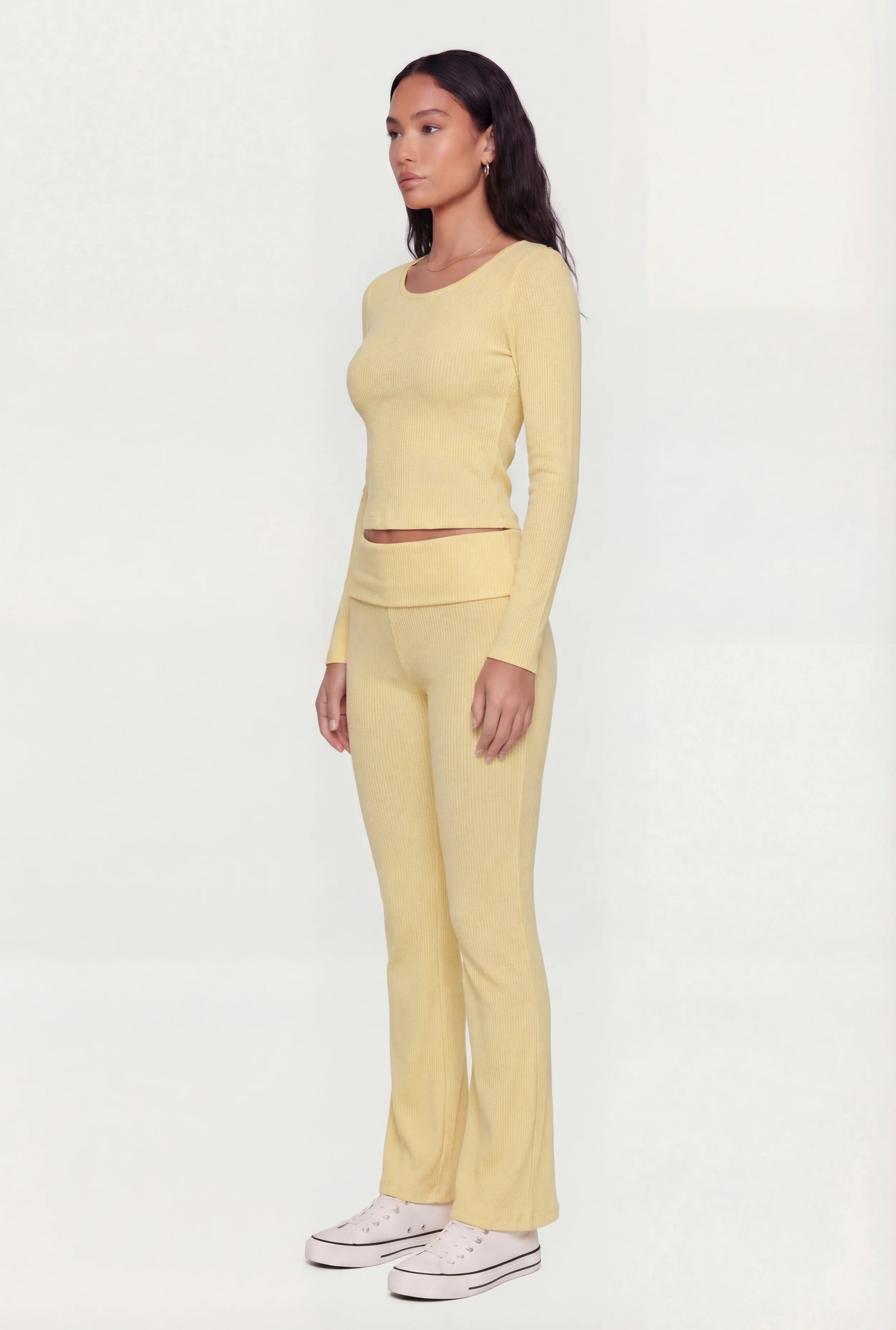 Rib Knit Long Sleeve Crew Neck Crop Top - Image 3