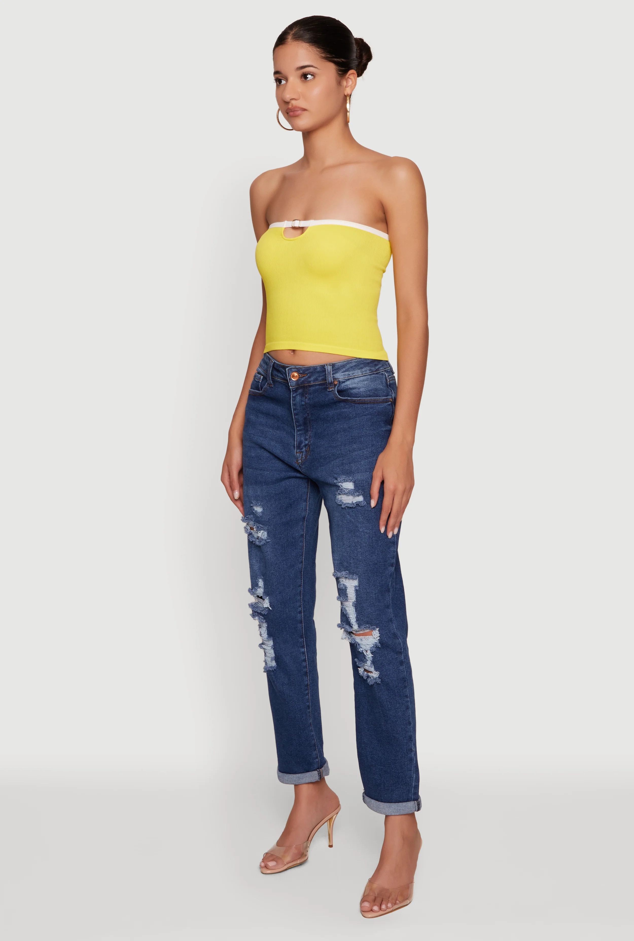 Seamless Contrast Trim Keyhole Cropped Tube Top - Image 3