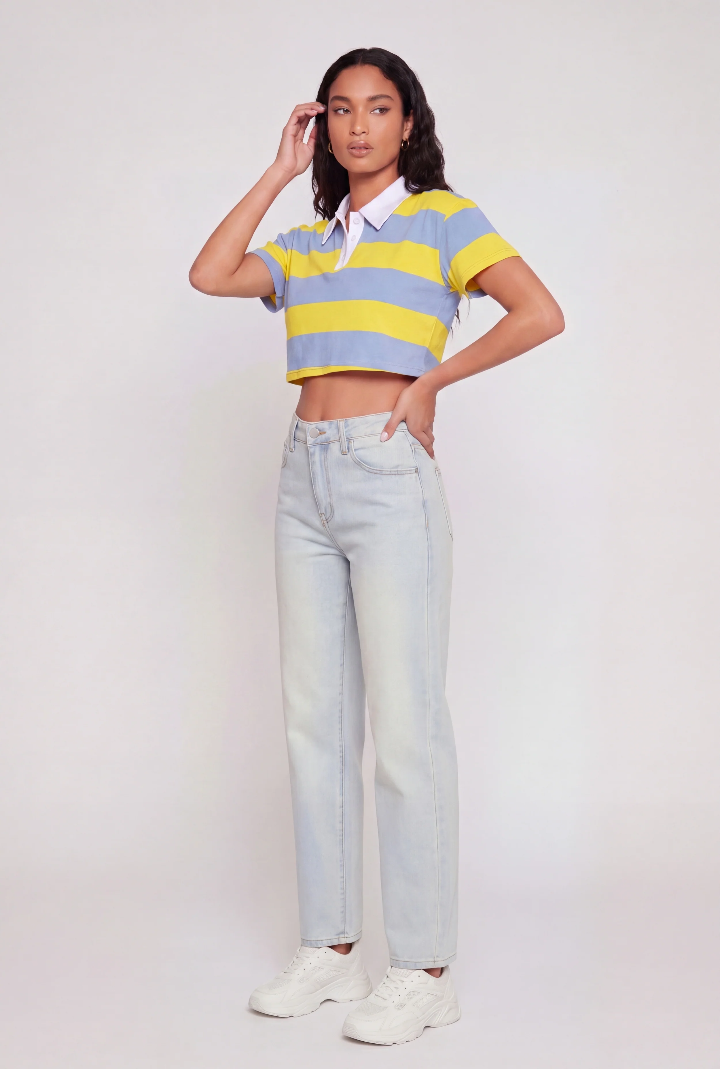 Striped Short Sleeve Polo Crop Top - Image 3