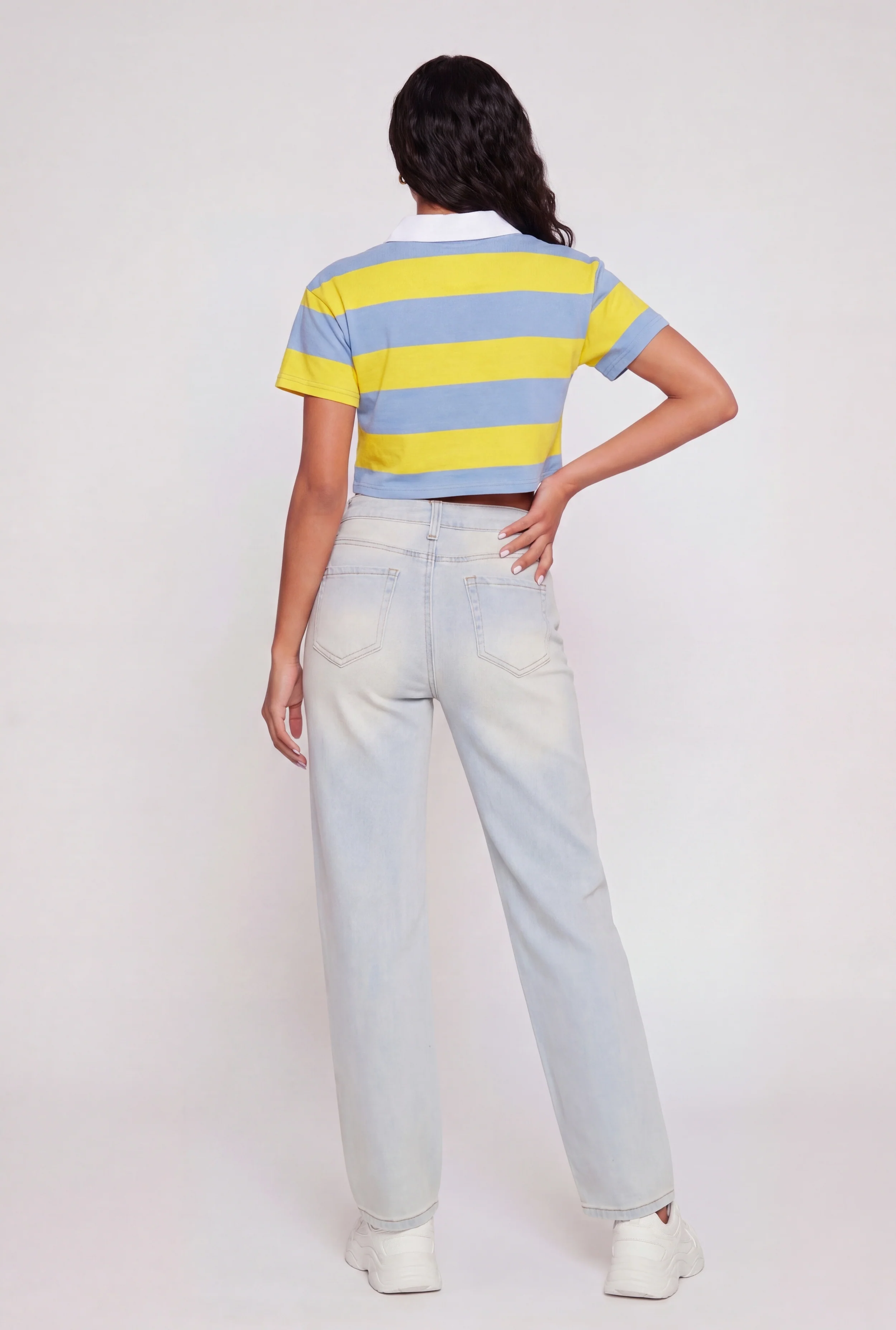 Striped Short Sleeve Polo Crop Top - Image 5